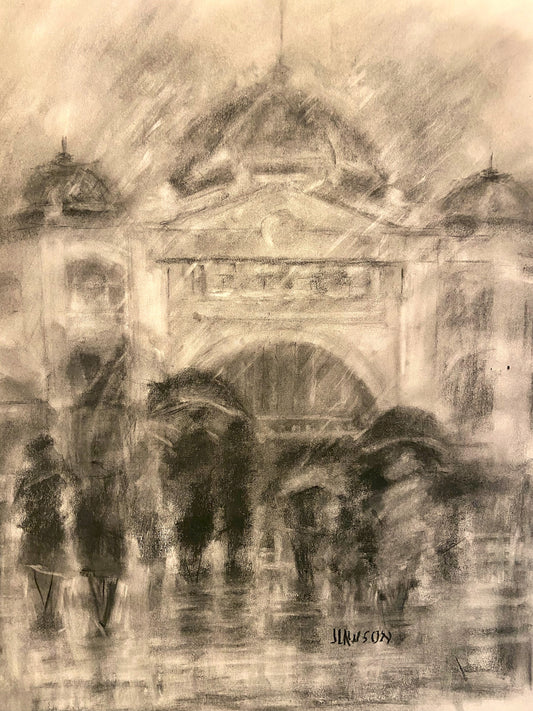 Julie Lawson - Flinders Street, Original Charcoal drawing.